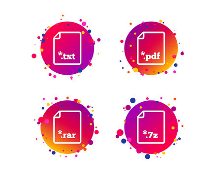 Download document icons. File extensions symbols. PDF, RAR, 7z and TXT signs. Gradient circle buttons with icons. Random dots design. Vector