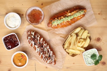Flat lay of a table with food for a group of friends