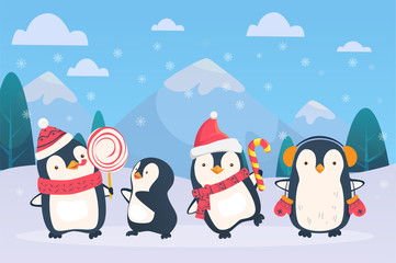 christmas penguins on snowy background