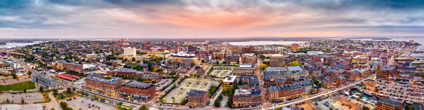 Aerial Panorama Of Downtown Portland, Maine At Dusk