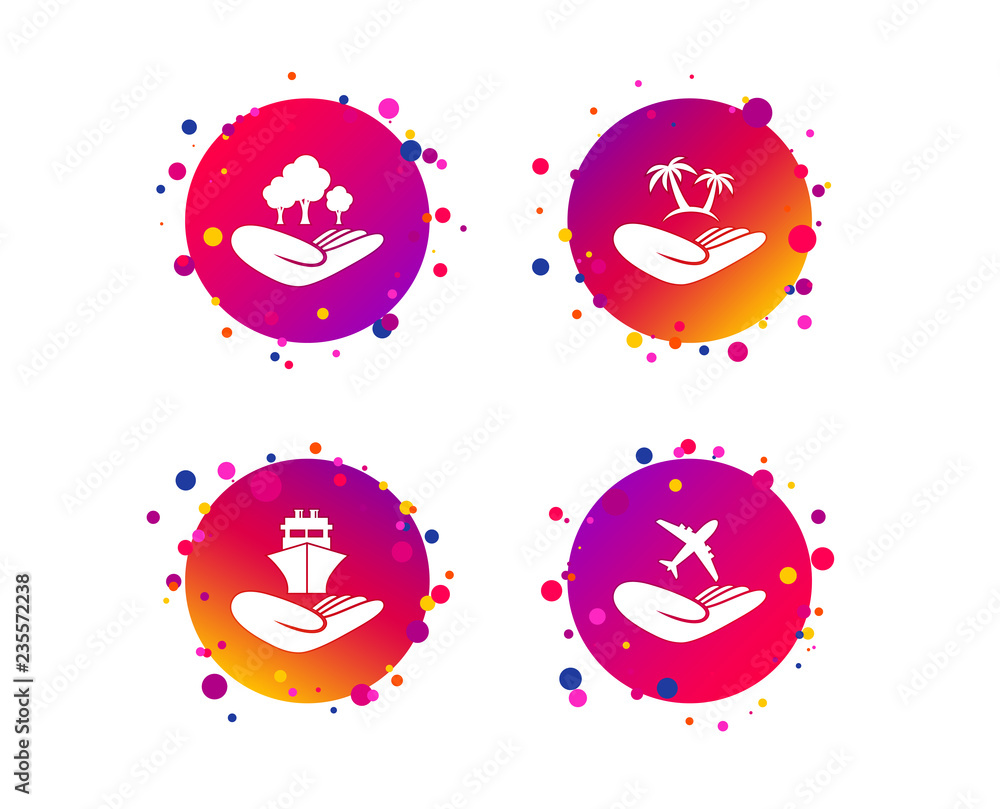 Aufkleber helping hands icons. travel flight or shipping insurance symbol. palm tree sign. save nature forest.