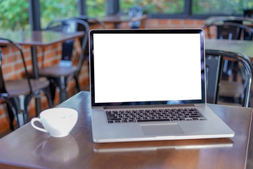 blank white screen workspace, Laptop computer advertising text message