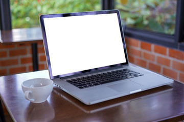 Fototapeta premium blank white screen workspace, Laptop computer advertising text message
