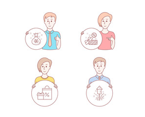 People hand drawn style. Set of Sale, Shopping and Santa sack icons. Fireworks sign. Gift box, Gifts and sales, Gifts bag. Christmas pyrotechnic.  Character hold circle button. Man with like hand