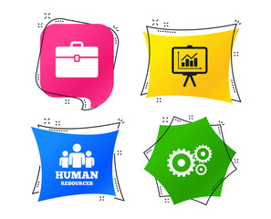 Human resources and Business icons. Presentation board with charts signs. Case and gear symbols. Geometric colorful tags. Banners with flat icons. Trendy design. Vector