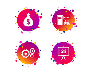 Human resources icons. Presentation board with charts signs. Money bag and gear symbols. Man at the door. Gradient circle buttons with icons. Random dots design. Vector