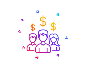 Business networking line icon. Group of people with Dollar signs. Gradient line button. Salary employees icon design. Colorful geometric shapes. Vector