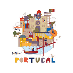 Naklejka premium Portugal. Map of attractions of Lisbon. Historical and cultural. Tourism, travel