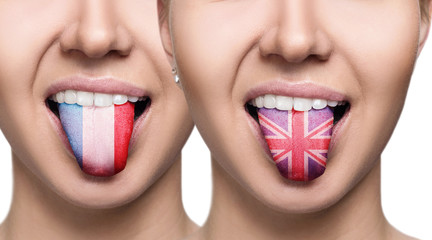 Collage of young woman shows painted tongue with different flags. © Dmitrii Kotin