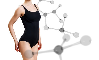 Fototapeta premium Woman with perfect body in swimsuit near glass molecule chain.