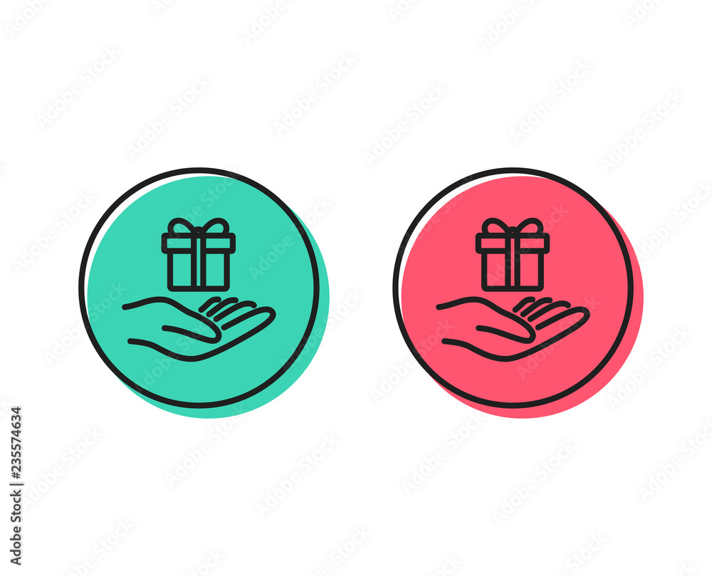 Poster loyalty program line icon. gift box sign. present symbol. positive and negative circle buttons conce
