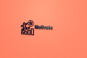 3D illustration of Motivate, dark-violet color and dark-violet text with orange background.