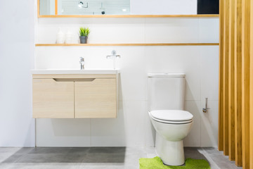 Luxury bathroom interior with toilet bowl, mirror and modern basin cabinet for home, house, building, hotel, resort