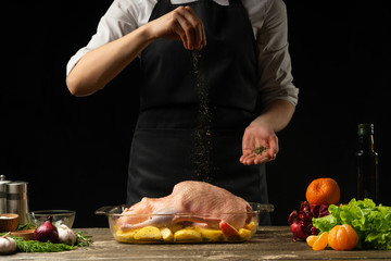 Cooking chef duck, chicken, turkey with fruit for the holiday, horizontal photo, black background