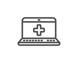 Fototapeta premium Medicine laptop line icon. Online medical help sign. Quality design flat app element. Editable stroke Medical help icon. Vector