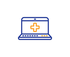 Fototapeta premium Medicine laptop line icon. Online medical help sign. Colorful outline concept. Blue and orange thin line color Medical help icon. Vector