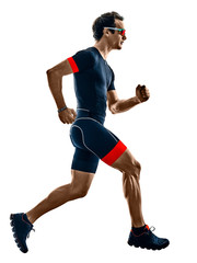 triathlete triathlon runner running in silhouette isolated  on white background