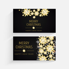 Christmas background with shining golden snowflakes and snow. Merry Christmas card illustration on black background. Sparkling golden snowflakes with glitter texture