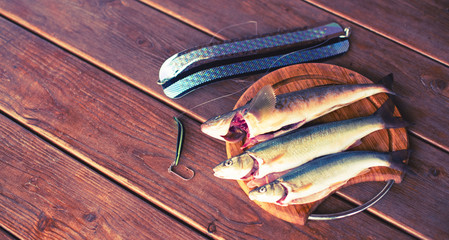 Fresh sea fish catch lies on a cutting Board on a wooden table Top view copy space
