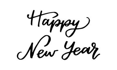 Black color hand writing in word happy new year on white background (vector)