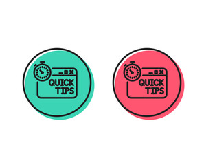 Quick tips line icon. Helpful tricks sign. Tutorials with timer symbol. Positive and negative circle buttons concept. Good or bad symbols. Quick tips Vector