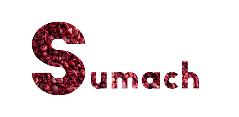 The word Sumach with sumach seeds isolated on white
