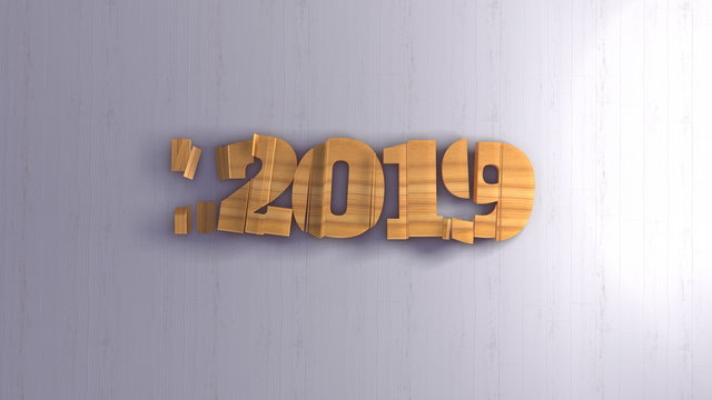 Happy new year 2019 isolated numbers lettering written by wood on white background. Selective focus macro shot with shallow DOF. 3d illustration