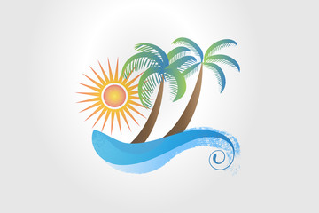Fototapeta na wymiar Summer tropical palm trees, sun and waves watercolor icon logo vector