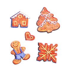 Funny set of isolated watercolor pencil Christmas gingerbread cookies. Hand draw illustration