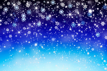 Beautiful winter background, white snowflakes on blue, bright background, glitter, Christmas, stars, new year, vacation, blue, white, design, gradient, night, snow, snowfall, snowflakes