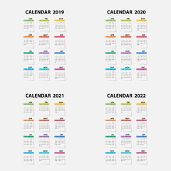Calendar 2019, 2020, 2021 and 2022 Calendar template.Calendar design.Yearly calendar vector design stationery template.Vector illustration.