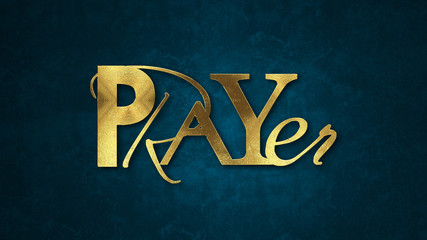 The word PRAYER concept written in gold texture on wooden background.