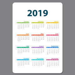 2019 Calendar Template.Calendar 2019 Set of 12 Months.Yearly calendar vector design stationery template.Vector illustration.