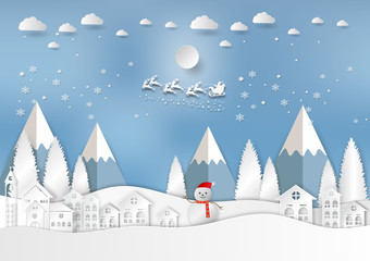 Winter season with snowflake and santa in town. Vector illustration of Merry Christmas