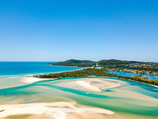 Noosa river aerial view with vibrant blue water on the Sunshine Coast in Queensland, Australia