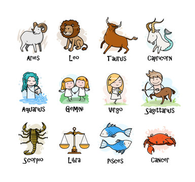 A collection of Zodiac symbols icon, hand drawn vector cartoon illustration of cute zodiac signs