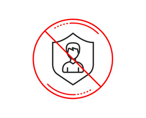 No or stop sign. User Protection line icon. Profile Avatar with shield sign. Male Person silhouette symbol. Caution prohibited ban stop symbol. No  icon design.  Vector