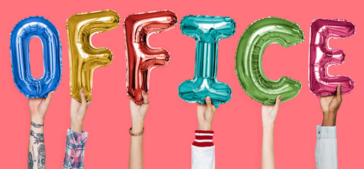 Hands showing office balloons word