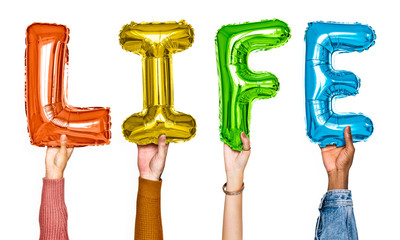 Hands showing life balloons word