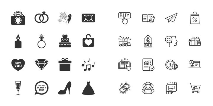Set of Wedding and Engagement icons. Cake with heart, Gift box and Letter signs. Dress, Fireworks and Musical notes symbols. Paper plane, report and shopping cart icons. Group of people. Vector
