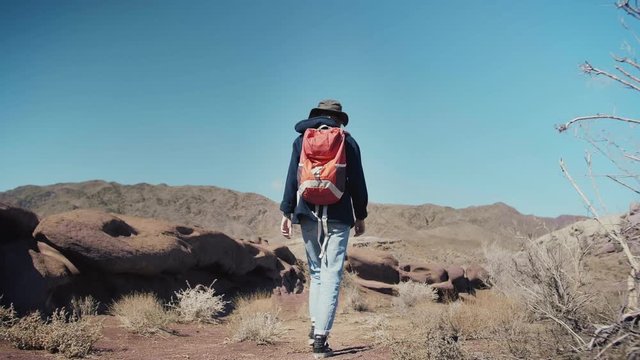Brave millennial traveler hipster female is walking alone in middle of endless hot desert next to mountains rock enjoying beautiful view of blue sky in vacations or holidays travel to stunning Nature