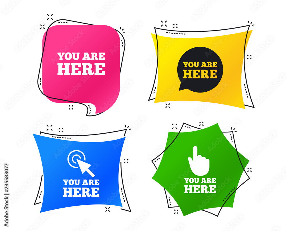 Poster you are here icons. info speech bubble symbol. map pointer with your location sign. hand cursor. geo