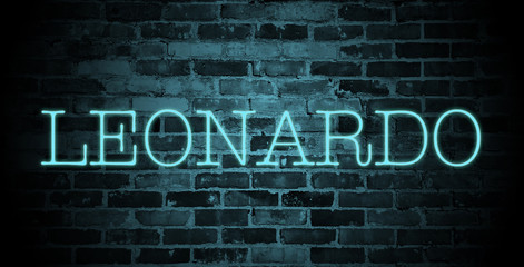 Obraz premium first name Leonardo in blue neon on brick wall