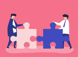 Colleagues connecting jigsaw pieces together