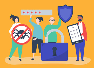 Illustration of people with privacy and security icons