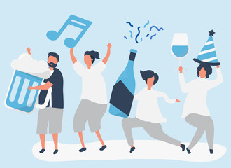 Friends partying and drinking different beverages