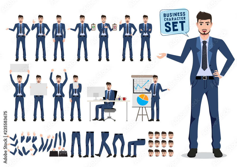 Poster male business character vector set. business man catoon character creation with different pose for o