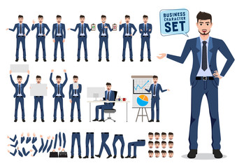 Male business character vector set. Business man catoon character creation with different pose for office presentation isolated in white. Vector illustration.
