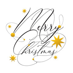 Font Merry Christmas Calligraphic Inscription Decorated with Golden Stars and Beads. on white background
