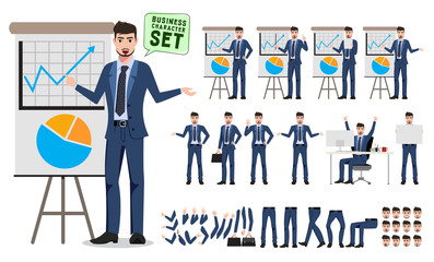 Obraz na płótnie Canvas Male character for business presentation vector set. Business man cartoon character creation set with different poses showing presentation. Vector illustration.